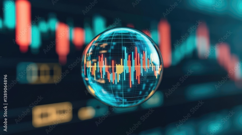 Poster Candlestick in crystal globe with investment forecasting analysis concept. A transparent bubble reflects financial data and trends.