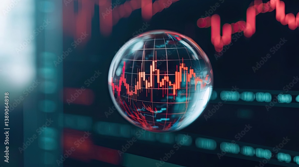 Poster Candlestick in crystal globe predicting stock market success concept. Digital financial data visualization with global market insights.