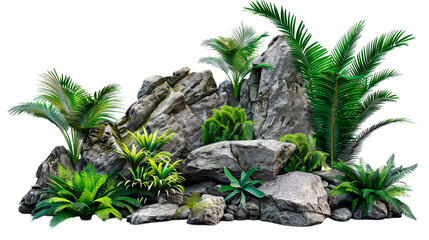 Cutout green tropics gardening with mossy rock set on transparent background.
