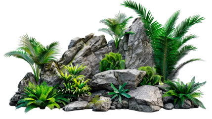 Cutout green tropics gardening with mossy rock set on transparent background.
