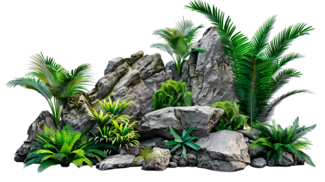 Cutout green tropics gardening with mossy rock set on transparent background.
