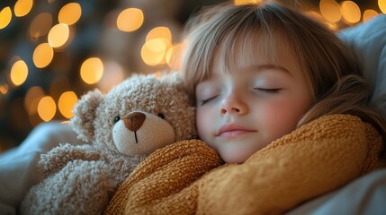 Girl sleeping with teddy bear against festive lights background, cozy scene