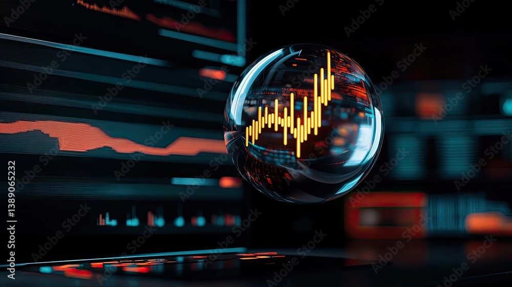 Poster candlestick in crystal globe predicting stock market success concept. futuristic financial graph dis
