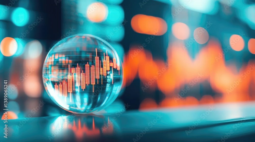 Leinwandbilder Candlestick in crystal globe with investment forecasting analysis concept. Business analytics and data visualization with a glass orb.