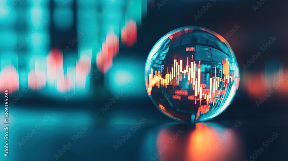 Poster candlestick in crystal globe with investment forecasting analysis concept. a crystal globe illustrat