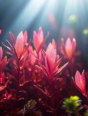 Radiant aquatic plants bathed in ethereal light creating a serene underwater garden scene with vibrant red hues and a dreamy atmosphere