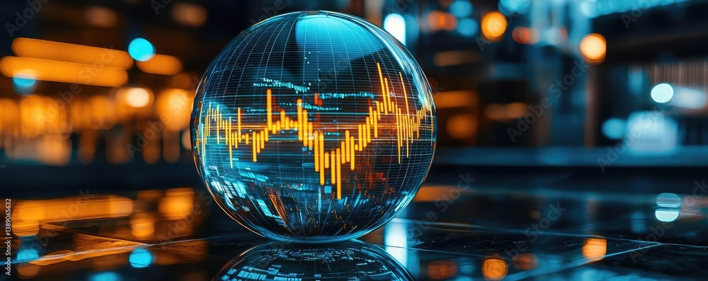 Poster Candlestick in crystal globe with investment forecasting analysis concept. Abstract visualization of financial data on a glass sphere.