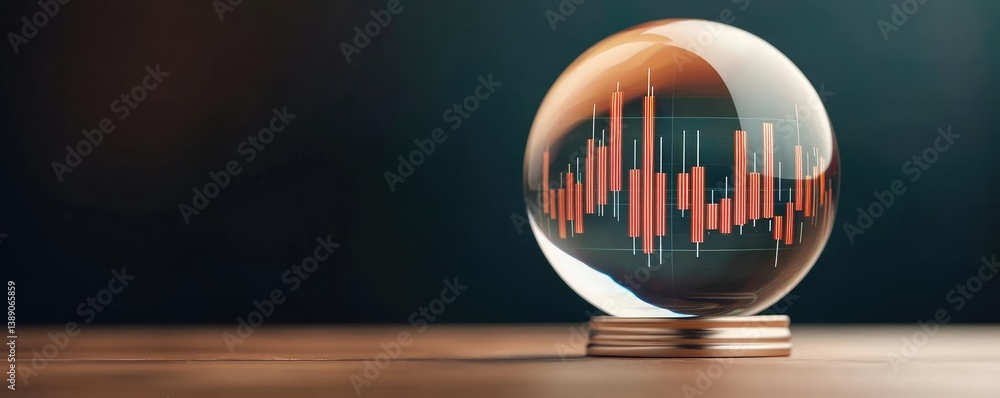Poster candlestick in crystal globe with investment forecasting analysis concept. a crystal ball reflecting