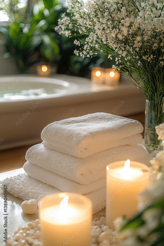 Poster luxurious spa setting with soft white towels, glowing candles, and delicate flowers, creating serene