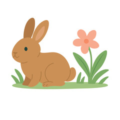 Adorable brown bunny sitting on grass with a flower. Spring or Easter flat cartoon illustration.