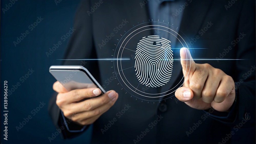 Poster fingerprint scanning on transparent digital interface. biometric security technology concept. smartp