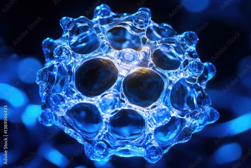 Poster stunning 3d rendering of a virus particle shows intricate protein lattice and bioluminescent glow in