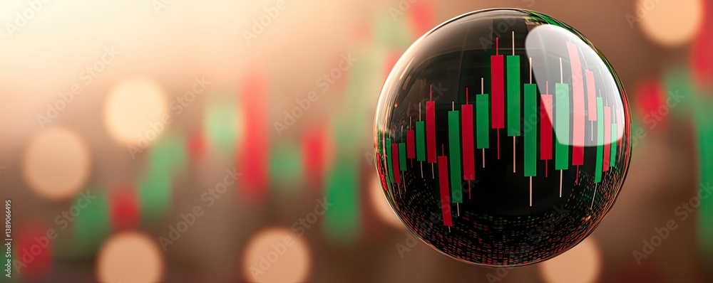 Poster candlestick in crystal globe with investment forecasting analysis concept. close-up of a glass orb r