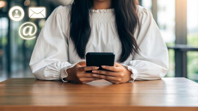 Person holding smartphone with communication icons overlay. Modern digital contact methods concept. Indoor tech interaction scene.