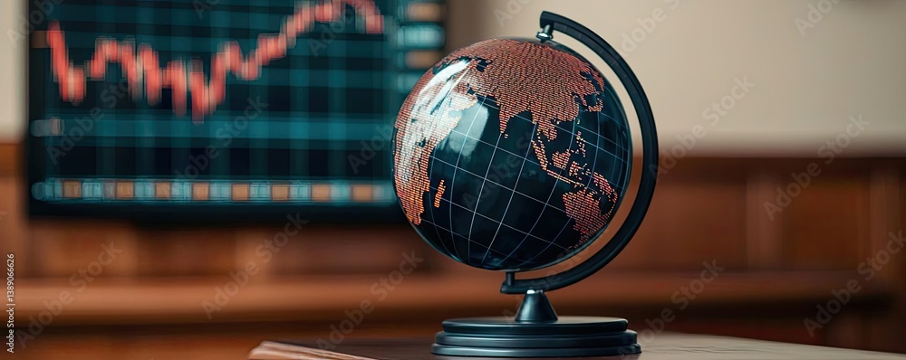 Poster Candlestick in crystal globe with investment forecasting analysis concept. A globe on display with financial graphs in the background.