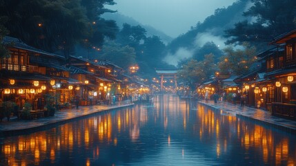 Fototapeta premium Japan Night Canal Town Lights.