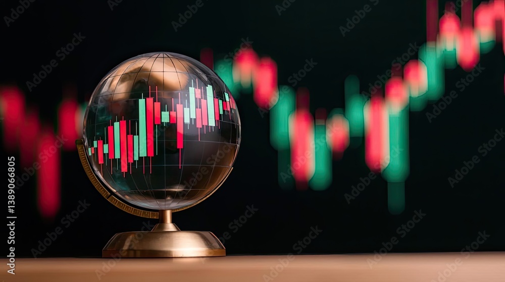 Poster candlestick in crystal globe with investment forecasting analysis concept. a globe symbolizing globa