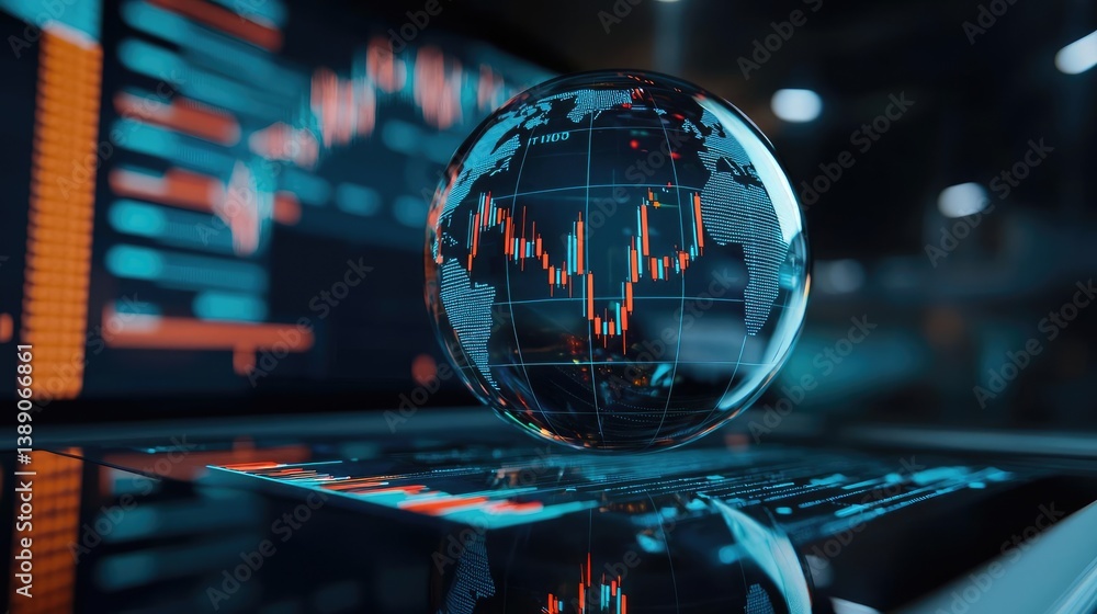Poster Candlestick in crystal globe predicting stock market success concept. A clear globe highlighting financial data trends and analytics.