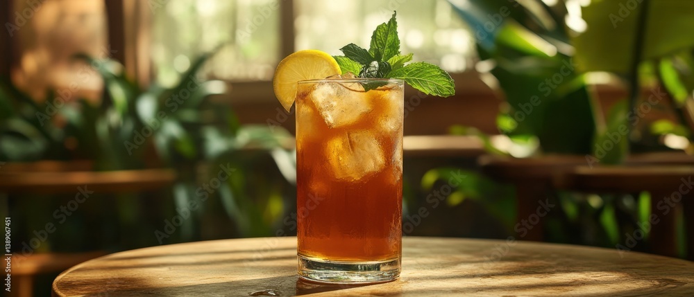 Poster refreshing iced tea with lemon and mint on a wooden table in a sunlit cafe setting capturing a refre