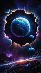 A mesmerizing cosmic space scene featuring distant planets surrounded by ethereal glowing light, evoking mystery and wonder in the vast universe. Perfect for sci-fi and fantasy themes. 
