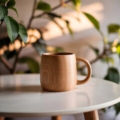 Wooden Mug on White Table with Leaves and Sunlight Background, Isolated for Rustic and Eco-Friendly Home Decor