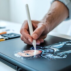 Closeup Shot of Hand Making Humanoid Illustration on Tablet, Isolated Background for Digital Character Design