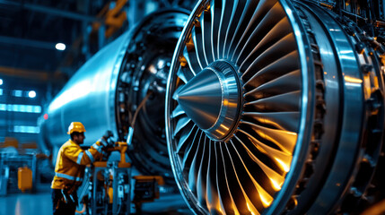 Maintenance engineer working on jet engine in modern facility, showcasing precision and expertise in aviation technology