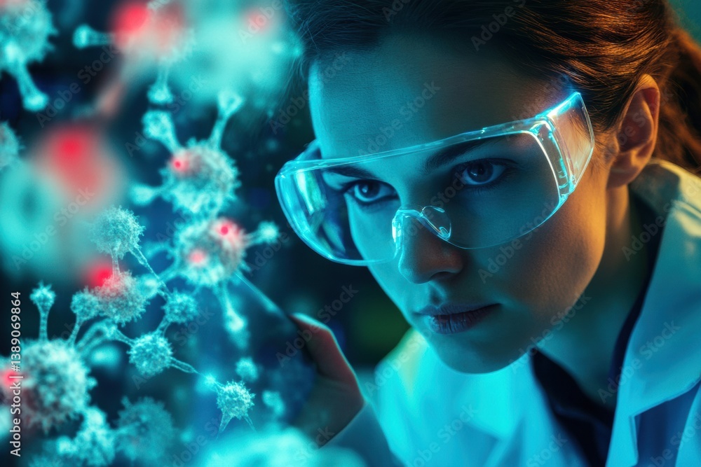 Poster scientist examines three-dimensional virus model with holographic projections in an advanced virolog