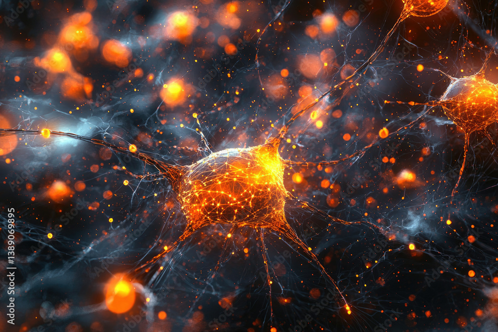 Poster Microscopic view of neuron network, showcasing intricate connections and glowing synapses transmitting signals.