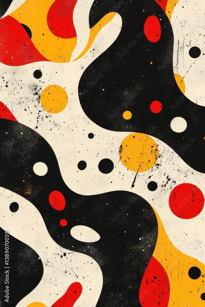 Poster retro abstract art in black red and yellow with organic shapes and splatters for modern design and c