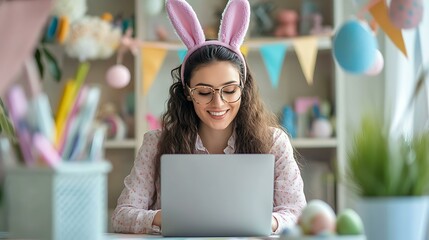 Focused executive woman with bunny ears working on laptop at shared office space with Easter decorations