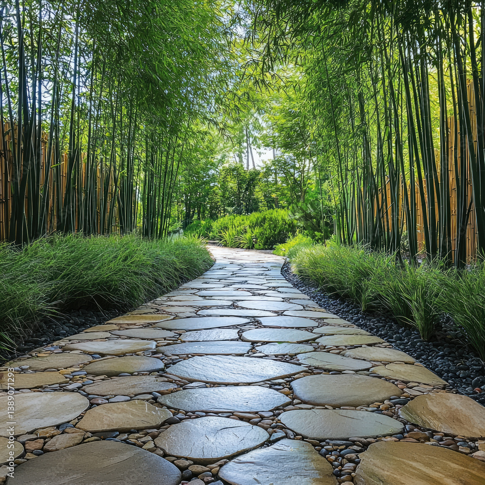 Poster serene stone path lined with lush greenery and bamboo creates tranquil atmosphere, inviting exploration and reflection in peaceful garden setting