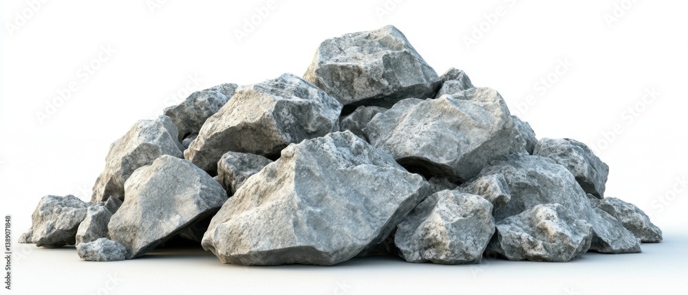 Poster pile of gray rocks on white background showing texture and detail in studio lighting for constructio