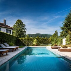 Luxury Garden Pool with Blooming Pink Flowers and Elegant Lounge Chairs