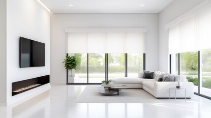 Fototapeta premium Modern, bright living room with a fireplace, flat screen TV, and patio access