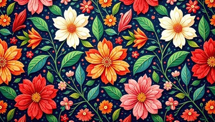 Intricate floral textile design, repeating motif, ornate, print
