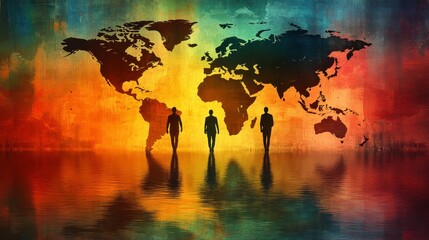Global Ambition Figures walk beneath a world map. Colorful and thought-provoking