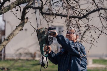 Senior gardener pruning tree branches with electric chainsaw in backyard