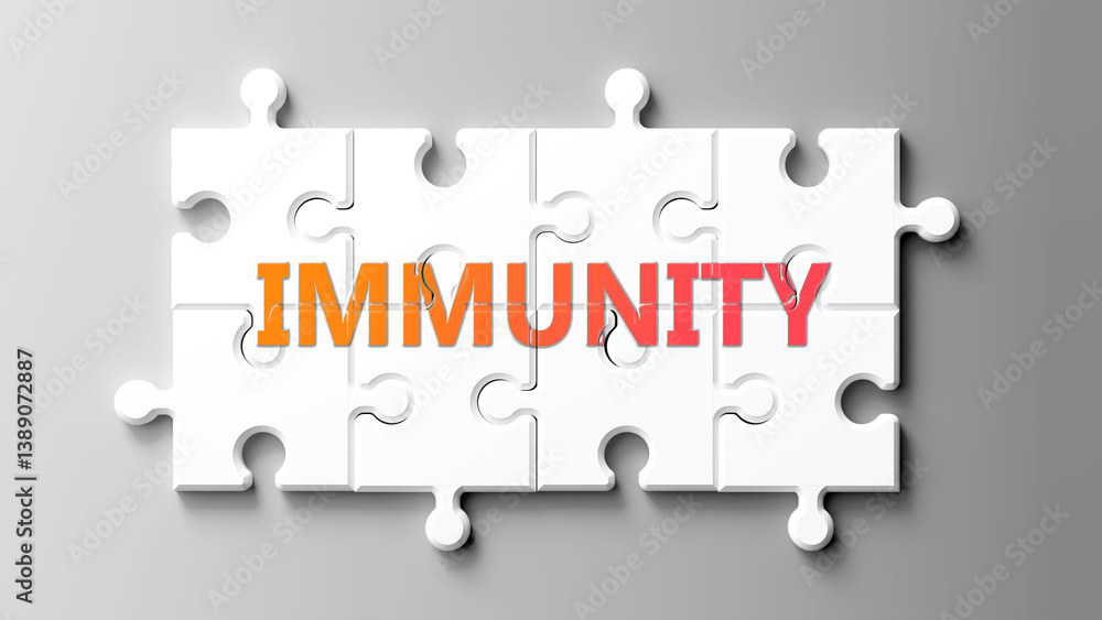 Poster Immunity complex like a puzzle - pictured as word immunity on a puzzle pieces to show that immunity is complex and needs cooperating pieces that fit together. ,3d illustration
