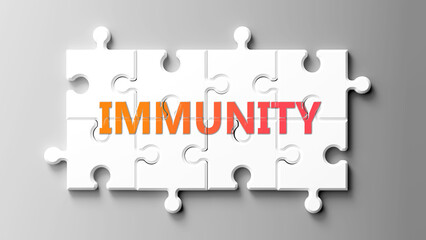 Immunity complex like a puzzle - pictured as word immunity on a puzzle pieces to show that immunity is complex and needs cooperating pieces that fit together. ,3d illustration