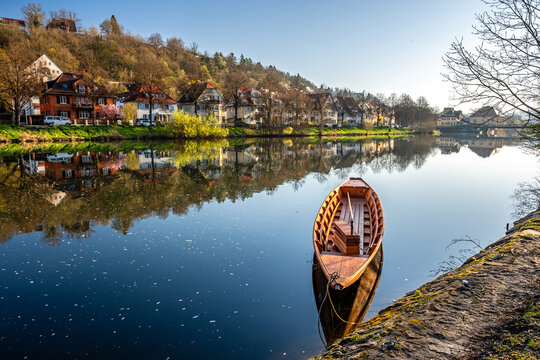 Traditional punt boat on the Neckar River in T&uuml;bingen on a beautiful spring morning