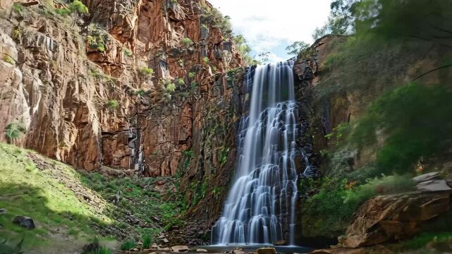 Majestic waterfall cascades from rocky cliffs in Morialta Conservation Park during daytime, High waterfall falls from cliff in Morialta conservation park and nature reserve