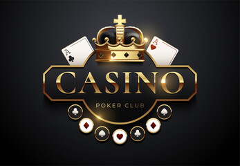 Elegant poker club logo with a golden crown, aces, and casino chips. Luxury black and gold style perfect for gambling websites, poker promotions, and premium casino branding