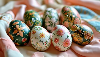 Fototapeta premium Hand painted easter eggs with floral patterns on fabric background with copy space