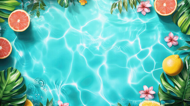 Buon Ferragosto Italy summer festival scene with tropical leaves, citrus fruits, on a poolside background. Bright seasonal illustration for banner, flyer, invitation, brochure. Banner, copy space