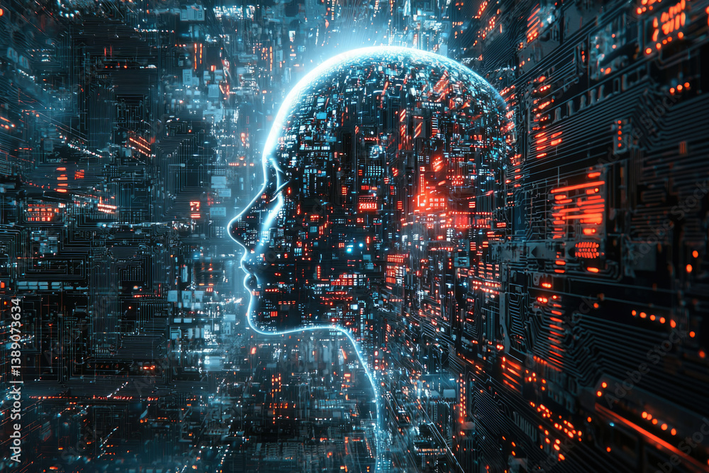 Leinwandbilder a digital human head is embedded within a complex circuit board, symbolizing ai and technology.