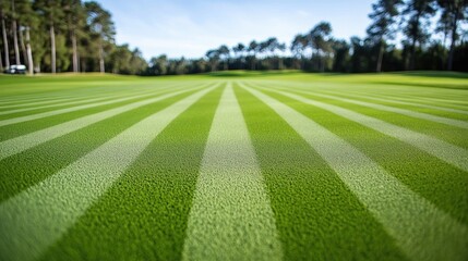 A detailed shot of fresh mower lines on a golf course fairway, showing precision and texture
