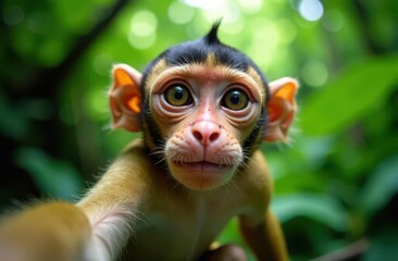 Cheeky monkey taking selfie with fish-eye effect in jungle canopy