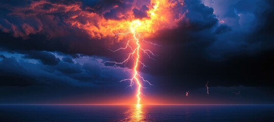 Fototapeta premium dramatic lightning bolt strikes ocean, illuminating dark clouds above with vibrant colors. scene captures raw power of nature, evoking awe and wonder
