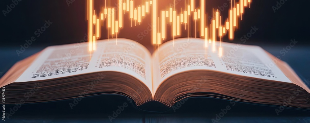 Poster Open book with vertical digital lights chart in financial reveal concept. An open book with glowing data charts and figures emerging.